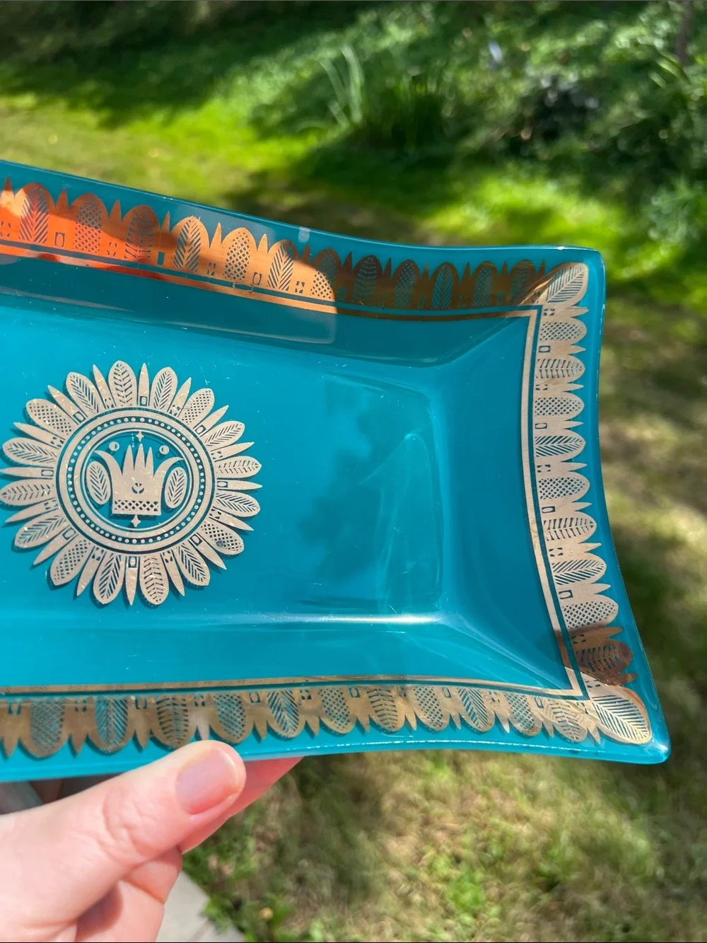 Vintage MCM George Briard Blue Teal Gold Glass Tray Hawaiian Crown Regalia
